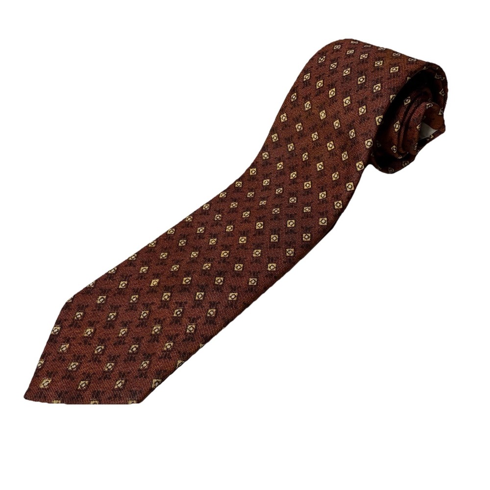 Haband Mens Vintage Silk Necktie Rust Brown Geometric Medallion Square Pattern